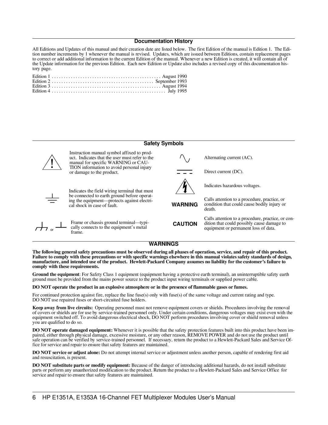 HP FET MULTIPLEXER E1351A/53A manual Documentation History 