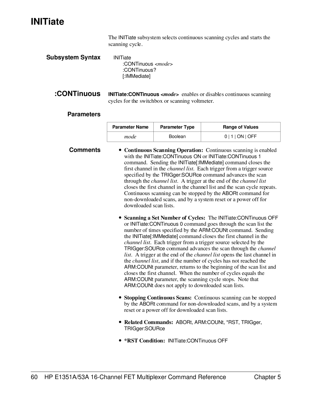 HP FET MULTIPLEXER E1351A/53A manual INITiate, CONTinuous 