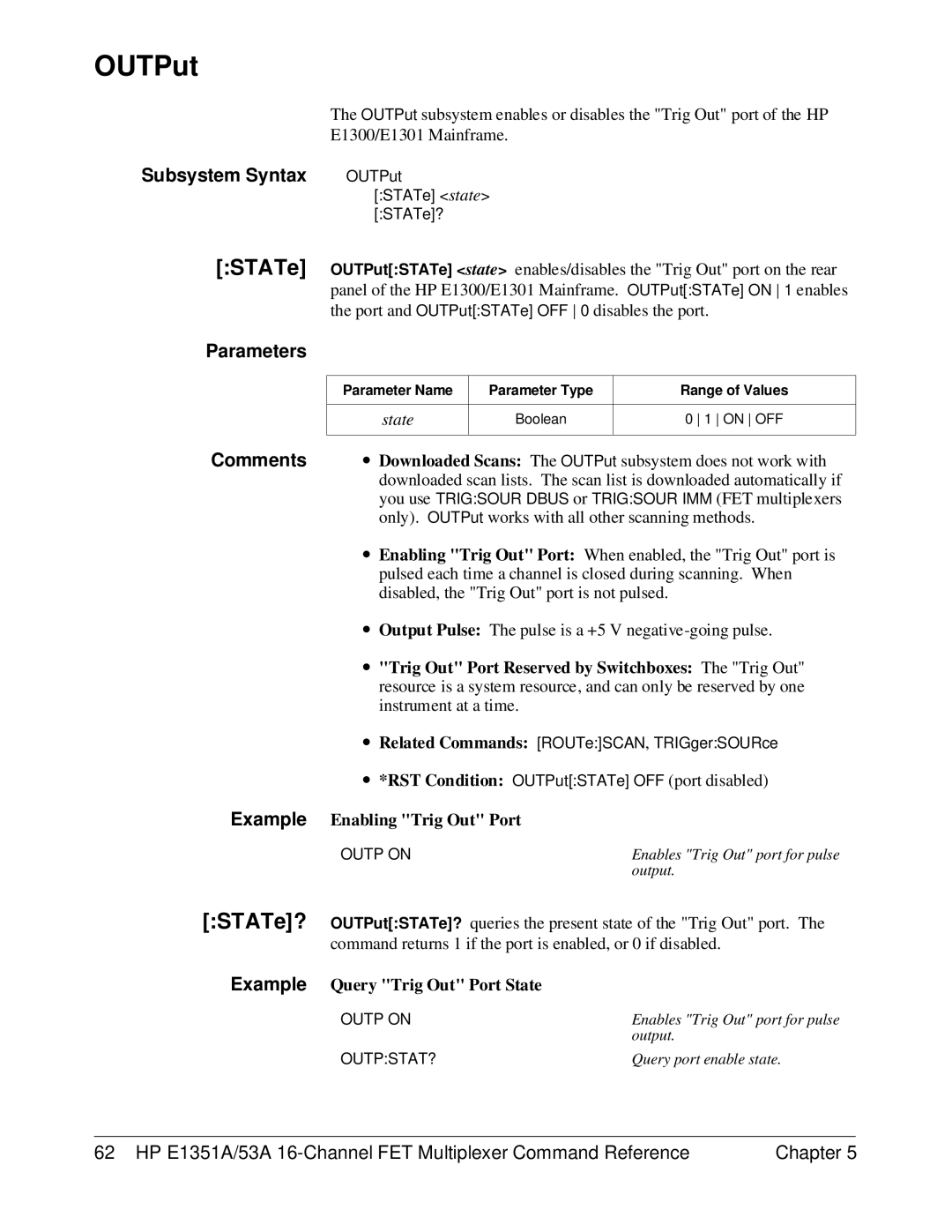 HP FET MULTIPLEXER E1351A/53A manual STATe, ∙ Downloaded Scans The OUTPut subsystem does not work with 