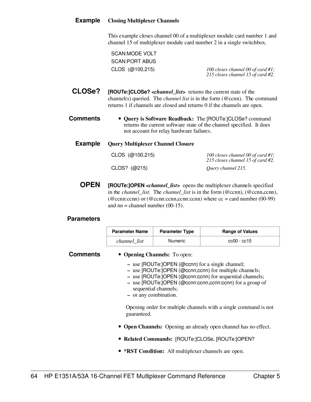 HP FET MULTIPLEXER E1351A/53A Example Closing Multiplexer Channels, ∙ Query is Software Readback The ROUTeCLOSe? command 