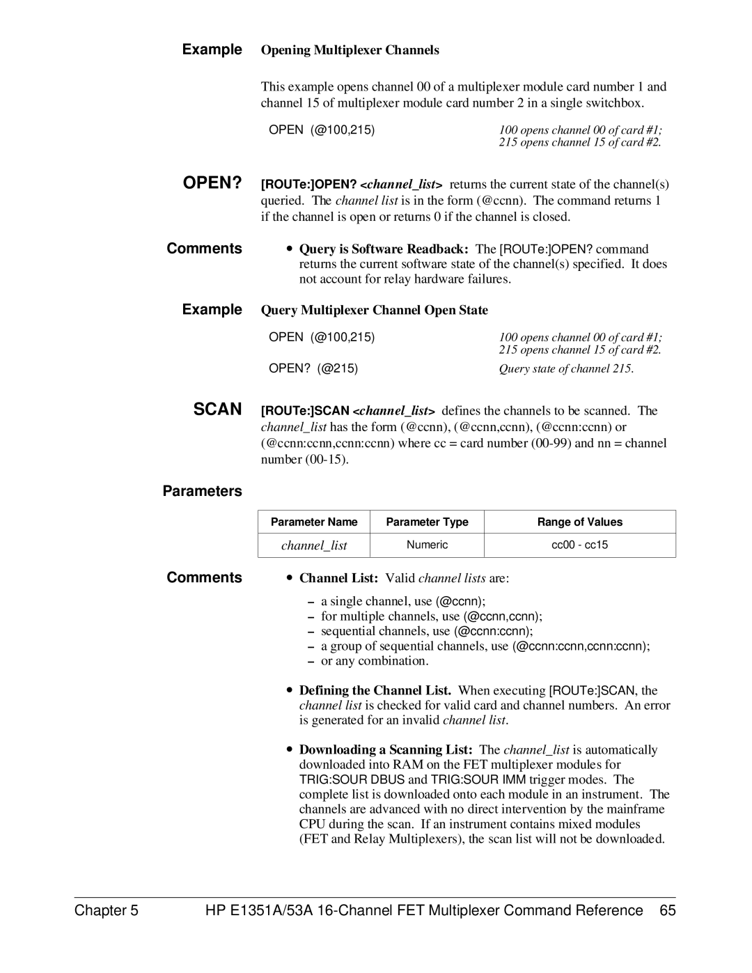 HP FET MULTIPLEXER E1351A/53A Example, Opening Multiplexer Channels, ∙ Query is Software Readback The ROUTeOPEN? command 