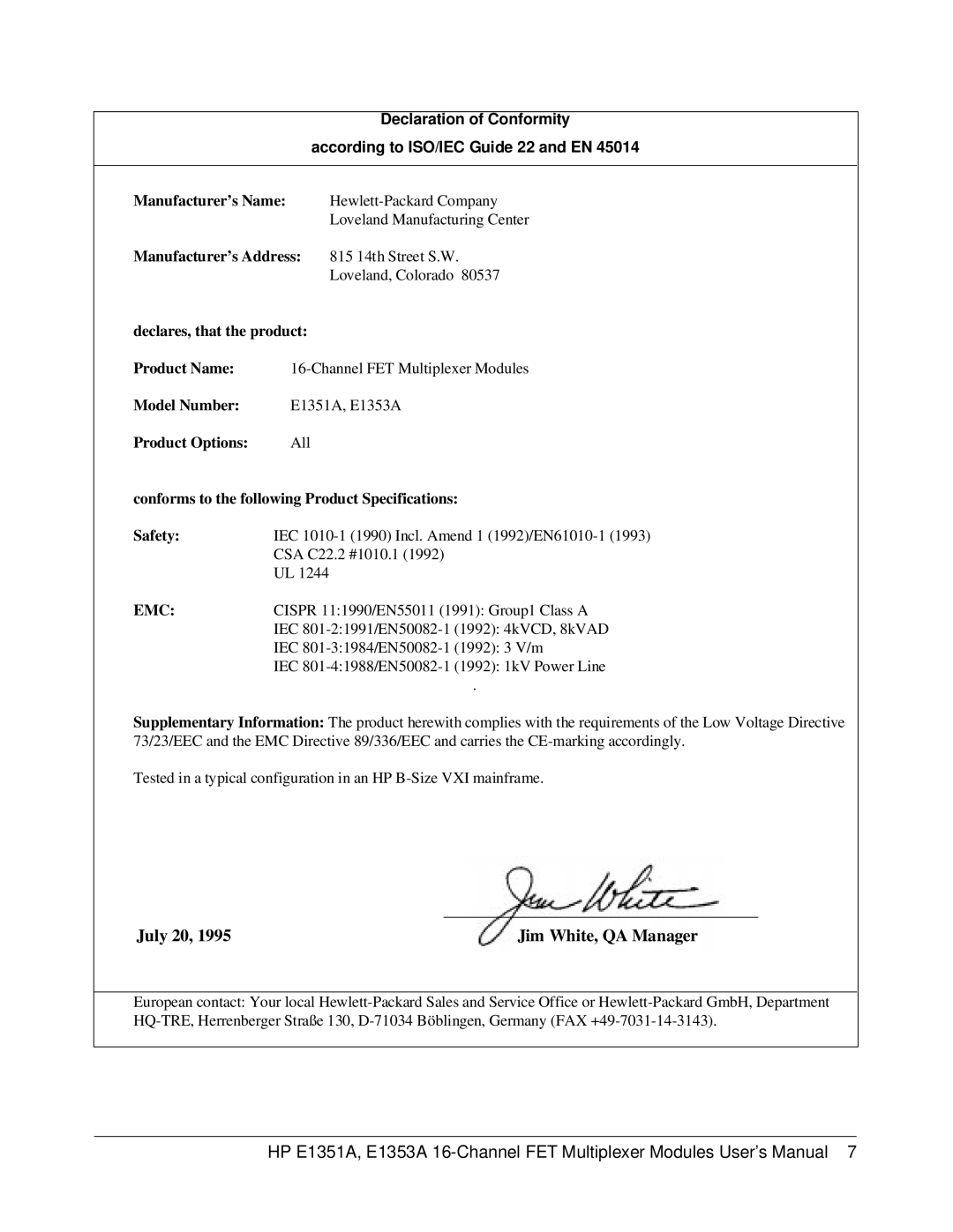 HP FET MULTIPLEXER E1351A/53A manual July 20, According to ISO/IEC Guide 22 and EN 