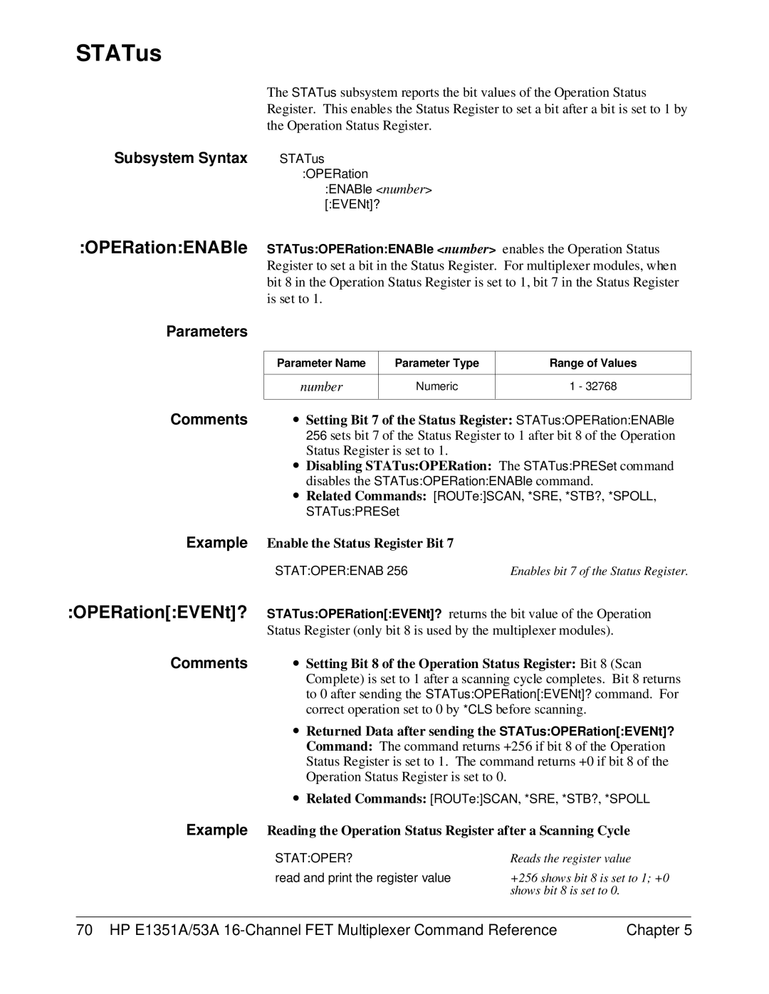 HP FET MULTIPLEXER E1351A/53A manual STATus, OPERationENABle, Example Enable the Status Register Bit 