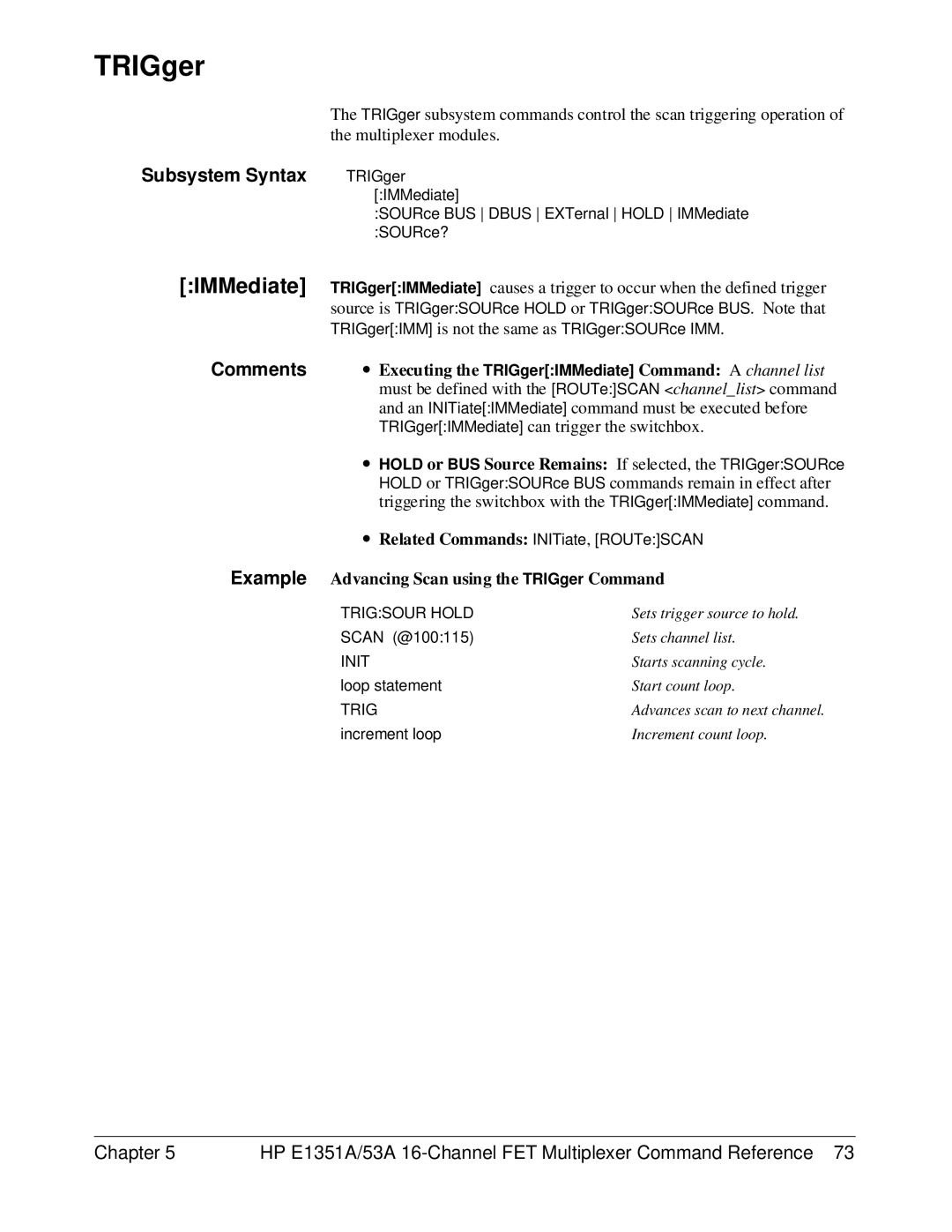 HP FET MULTIPLEXER E1351A/53A manual ∙ Executing the TRIGgerIMMediate Command a channel list 