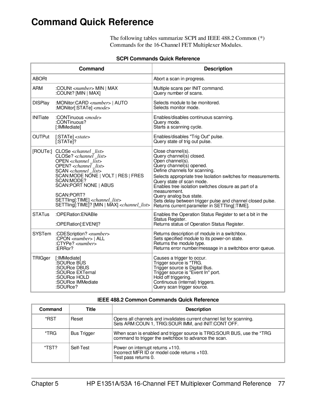 HP FET MULTIPLEXER E1351A/53A manual Command Quick Reference, Scpi Commands Quick Reference Description 