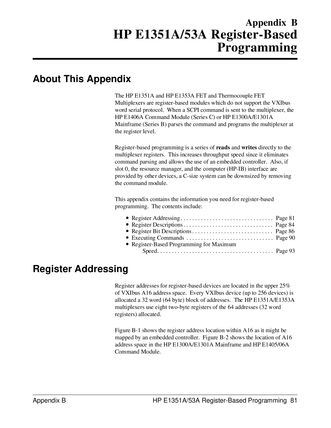 HP FET MULTIPLEXER E1351A/53A manual About This Appendix, Register Addressing 