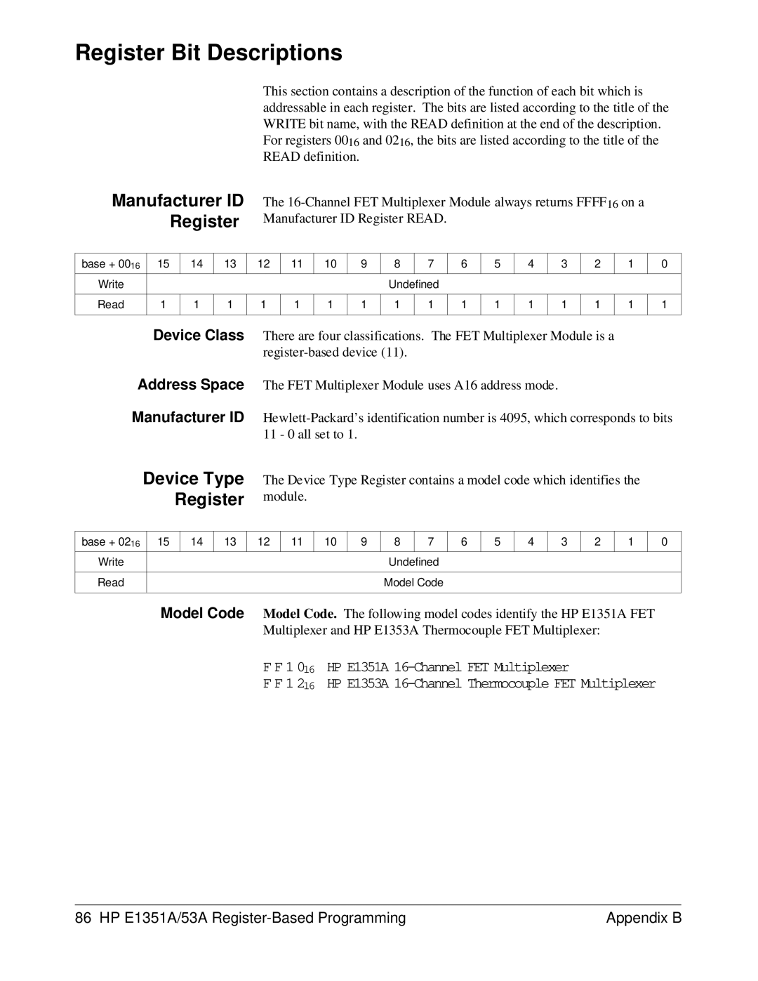 HP FET MULTIPLEXER E1351A/53A manual Register Bit Descriptions, Register module, Manufacturer ID Register 