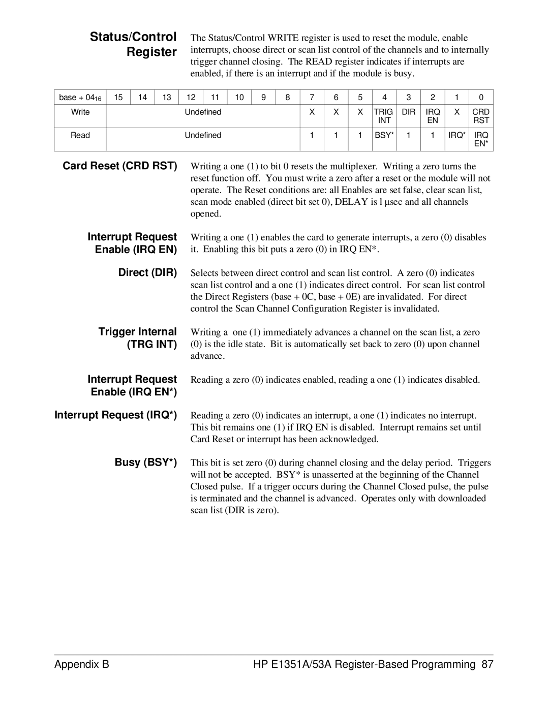 HP FET MULTIPLEXER E1351A/53A manual Status/Control Register, Enable IRQ EN 