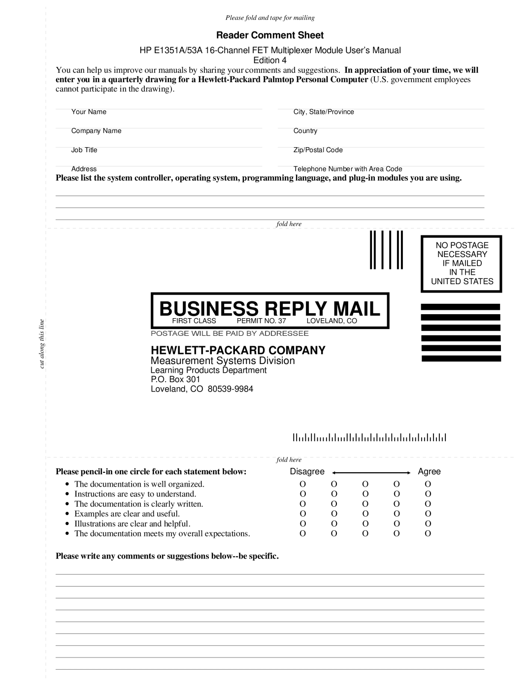 HP FET MULTIPLEXER E1351A/53A manual Business Reply Mail 