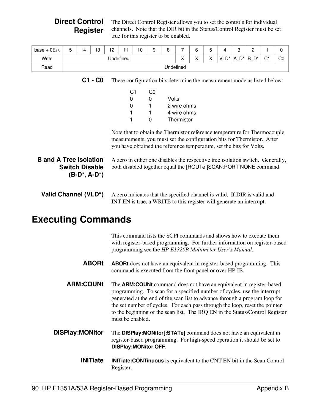 HP FET MULTIPLEXER E1351A/53A manual Executing Commands, Direct Control Register 