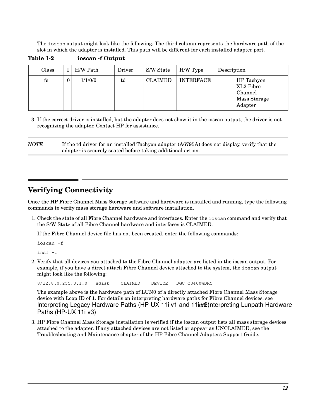 HP Fibre Channel Host Bus Adapters manual Verifying Connectivity, Ioscan -f Output 