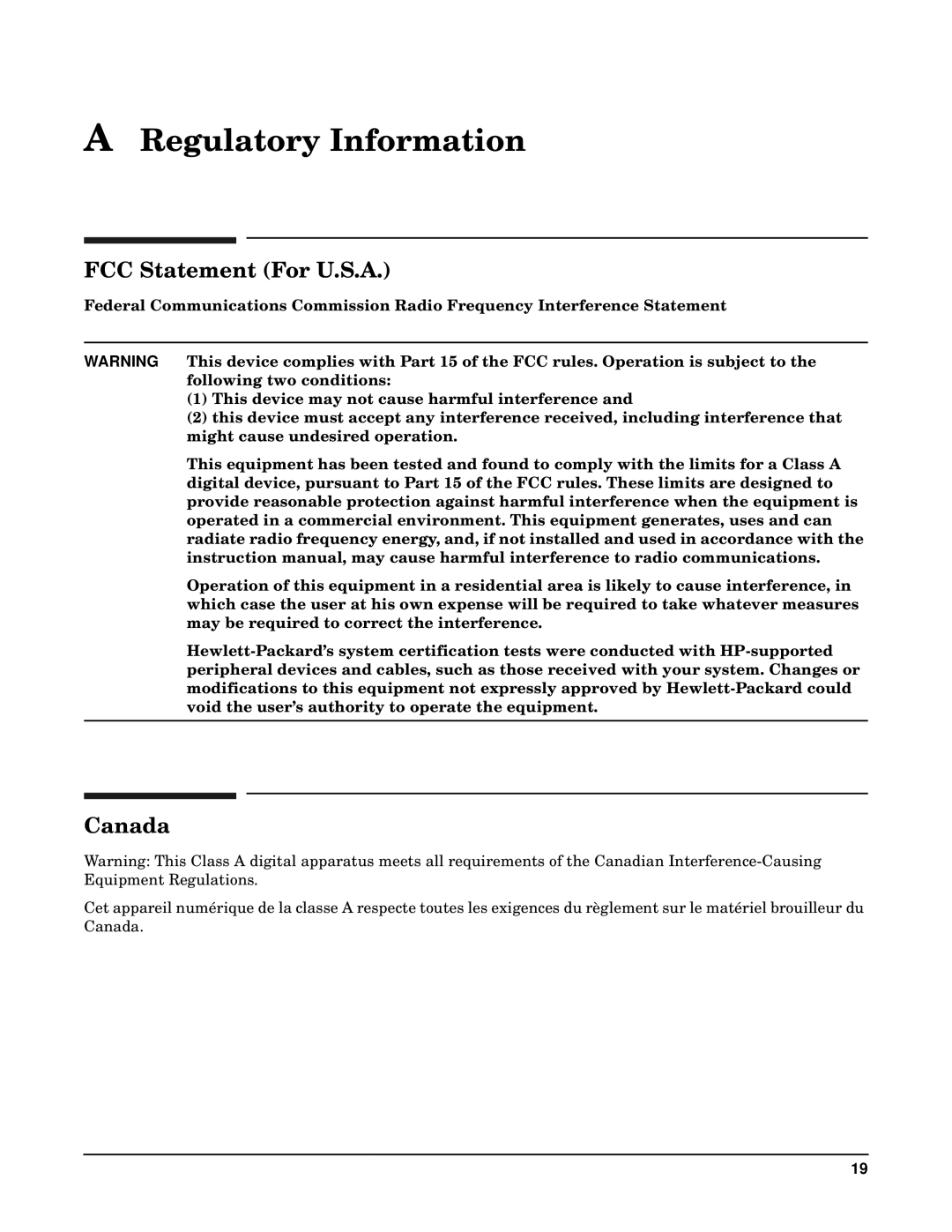 HP Fibre Channel Host Bus Adapters manual FCC Statement For U.S.A, Canada 