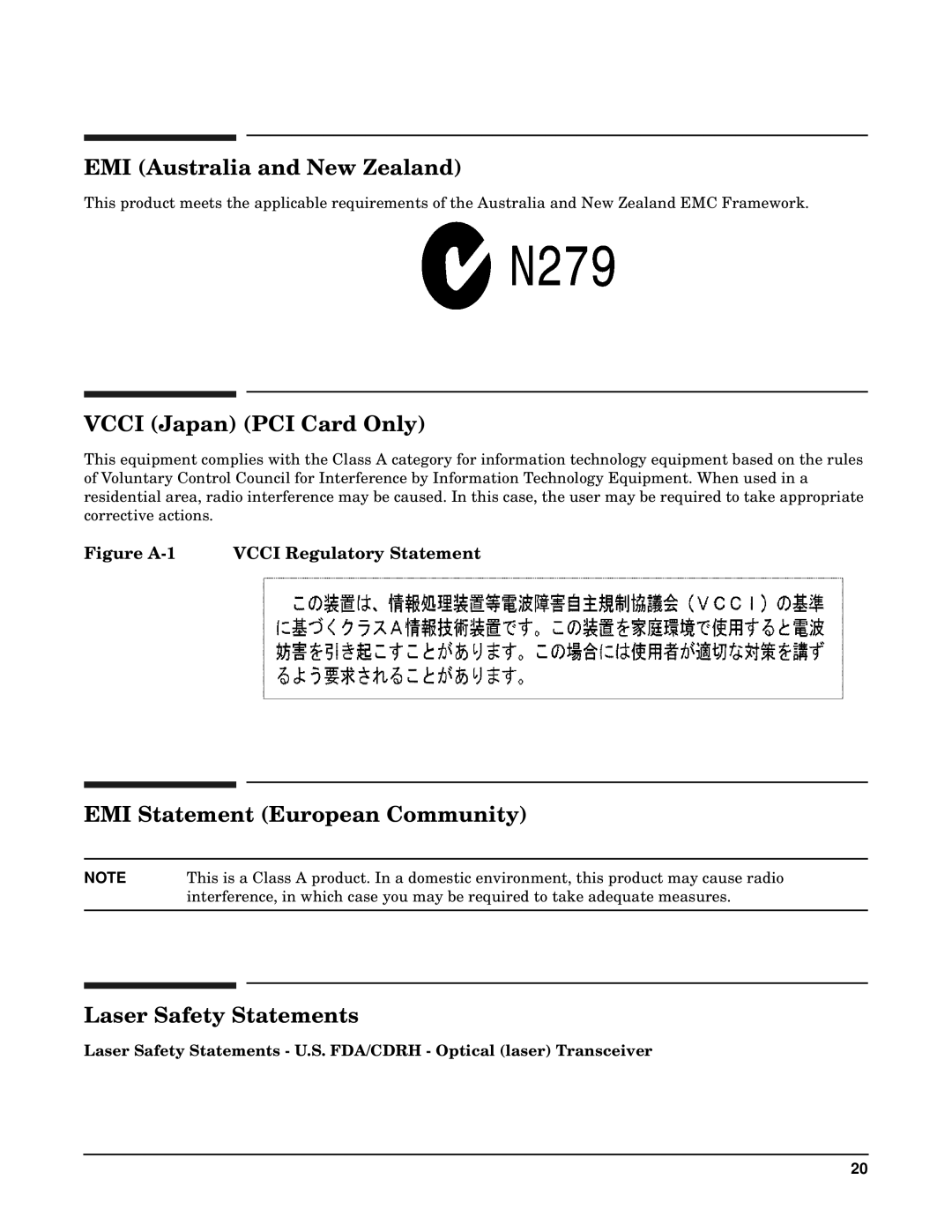 HP Fibre Channel Host Bus Adapters manual EMI Australia and New Zealand, Vcci Japan PCI Card Only, Laser Safety Statements 