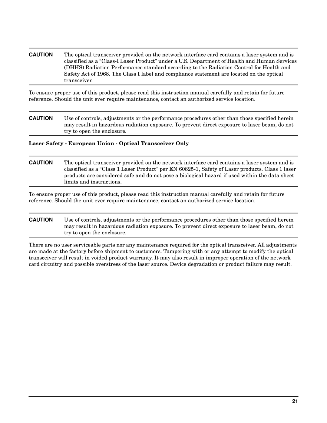 HP Fibre Channel Host Bus Adapters manual Laser Safety European Union Optical Transceiver Only 