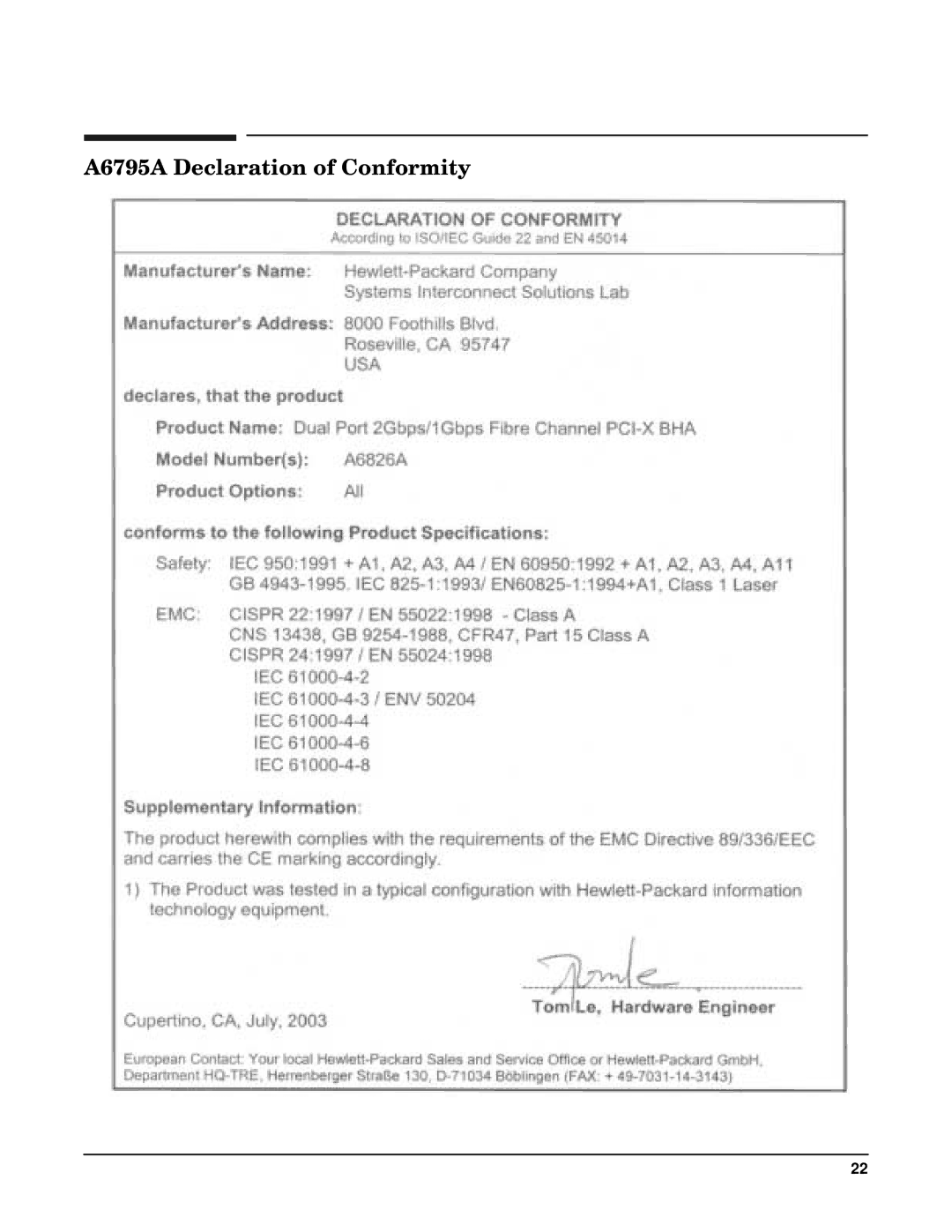 HP Fibre Channel Host Bus Adapters manual A6795A Declaration of Conformity 