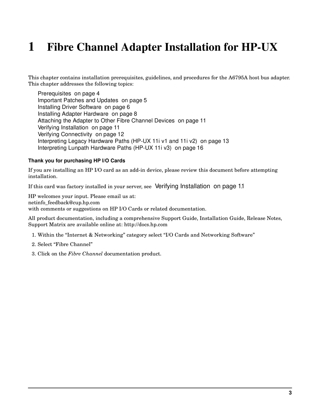 HP Fibre Channel Host Bus Adapters manual Fibre Channel Adapter Installation for HP-UX 