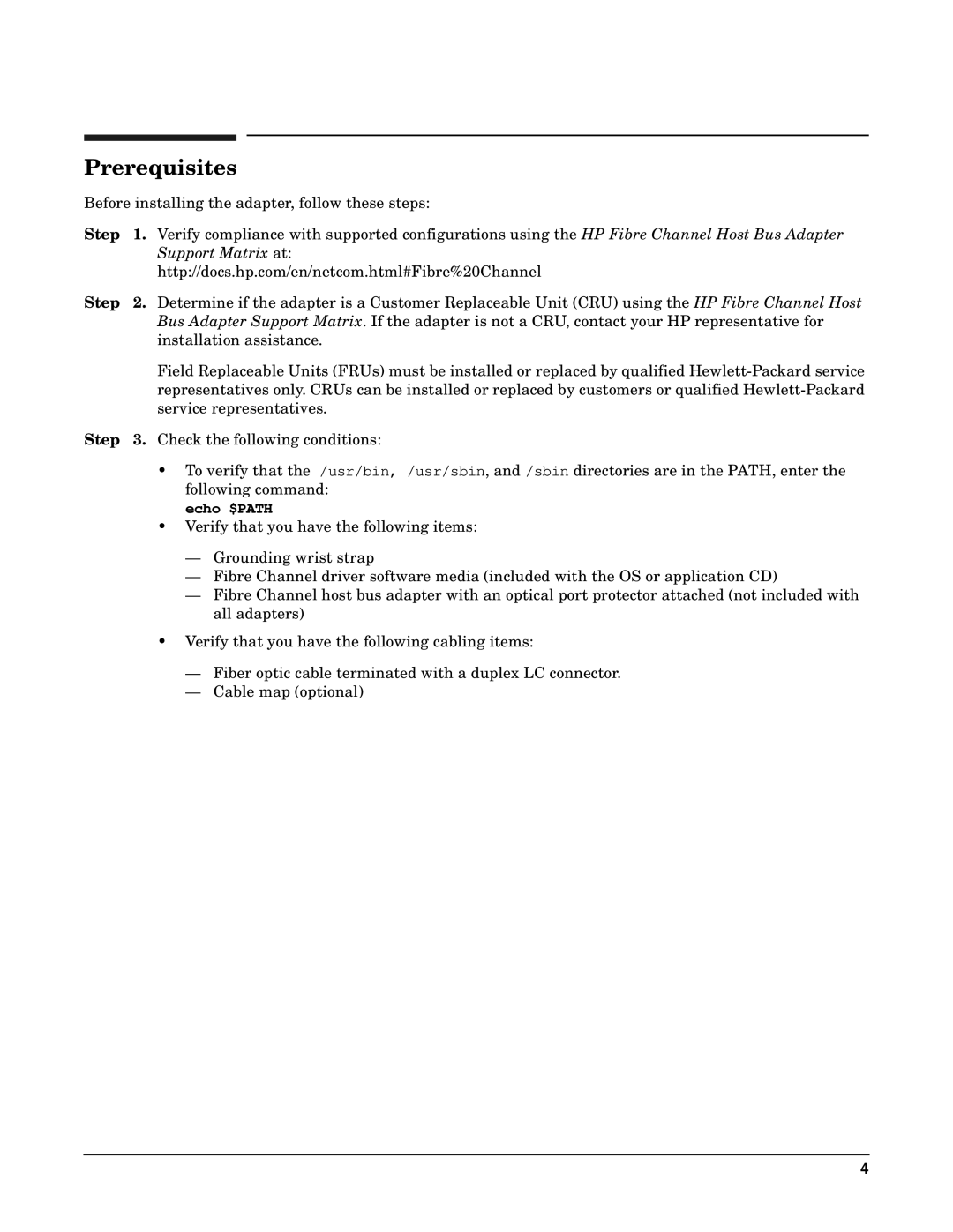 HP Fibre Channel Host Bus Adapters manual Prerequisites, Step 