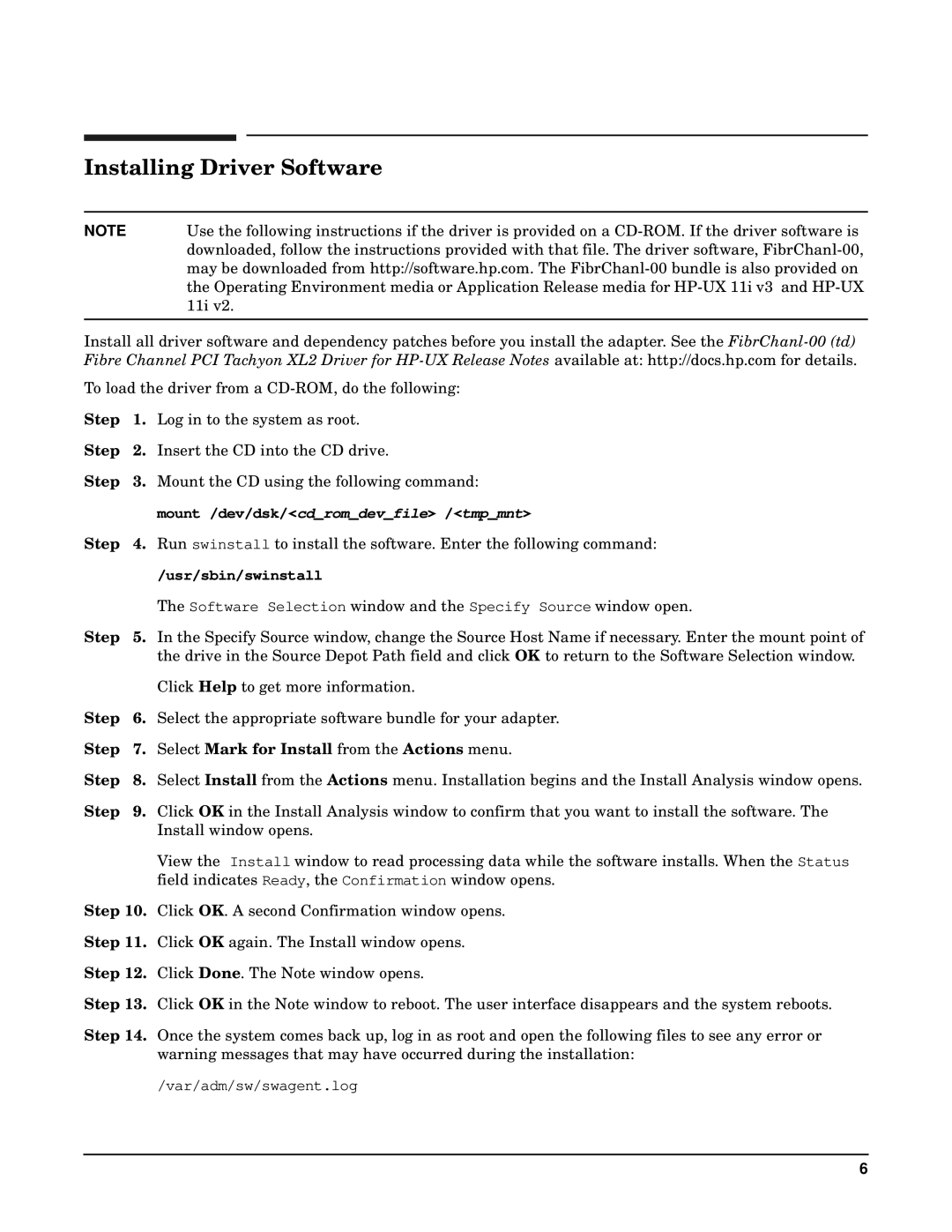 HP Fibre Channel Host Bus Adapters manual Installing Driver Software, Step Select Mark for Install from the Actions menu 