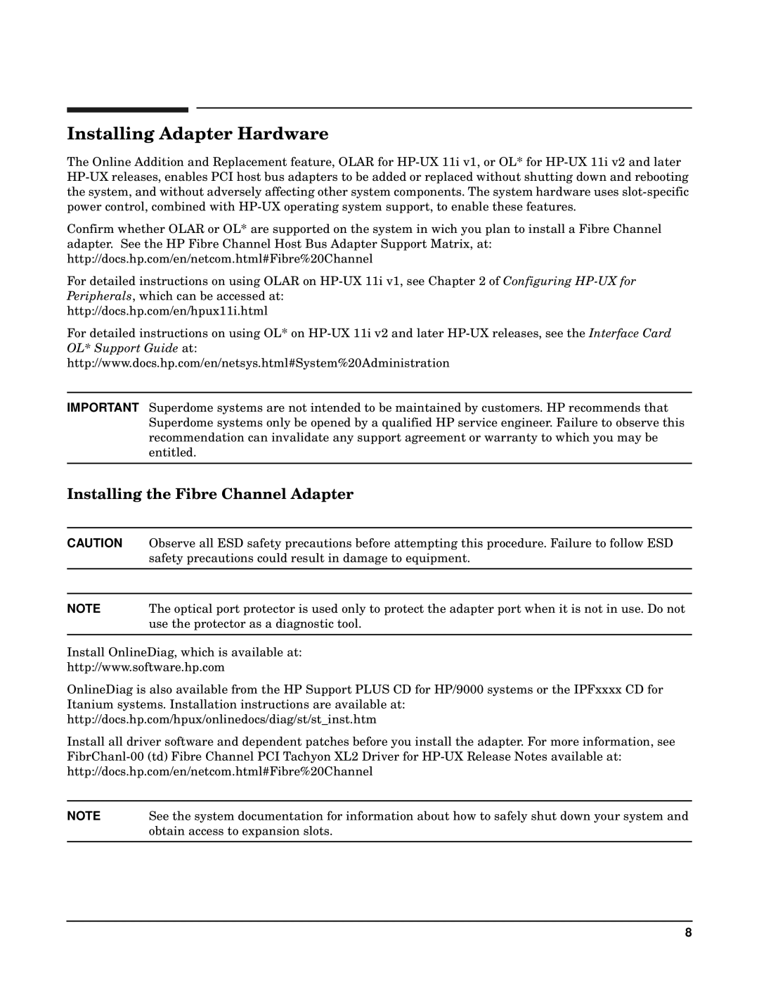 HP Fibre Channel Host Bus Adapters manual Installing Adapter Hardware, Installing the Fibre Channel Adapter 