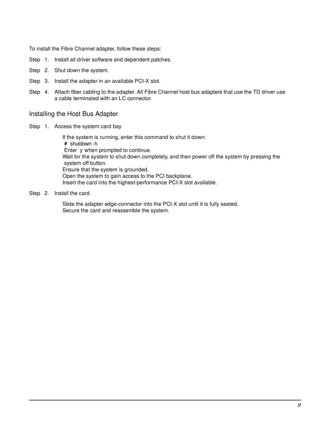 HP Fibre Channel Host Bus Adapters manual Installing the Host Bus Adapter 