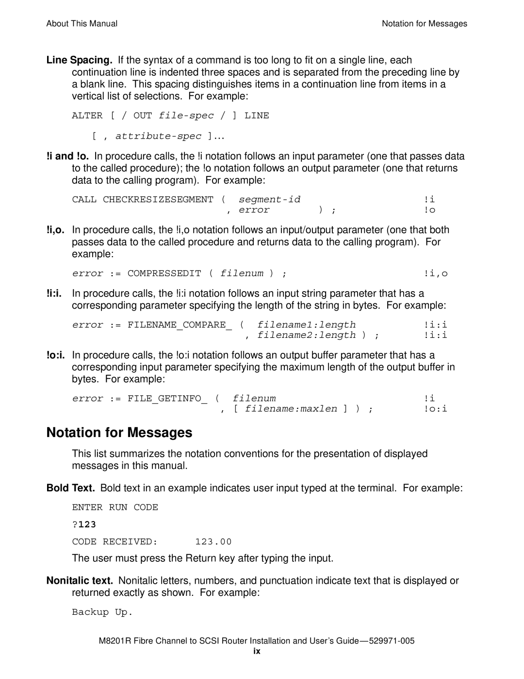 HP FIBRE CHANNEL TO SCSI Router M8201R manual Notation for Messages, ?123 