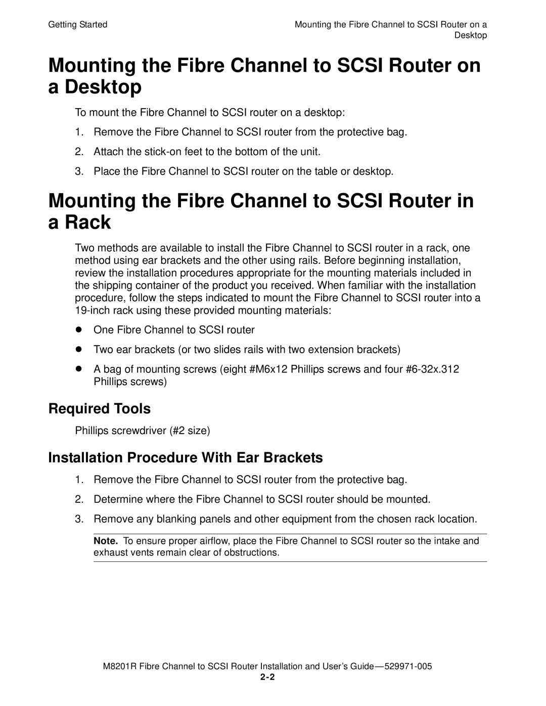 HP FIBRE CHANNEL TO SCSI Router M8201R manual Mounting the Fibre Channel to Scsi Router on a Desktop, Required Tools 