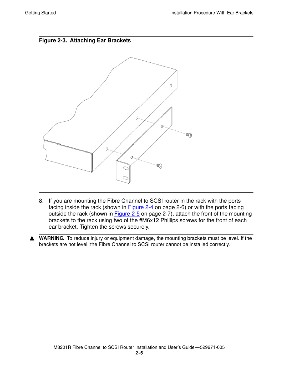 HP FIBRE CHANNEL TO SCSI Router M8201R manual Attaching Ear Brackets 