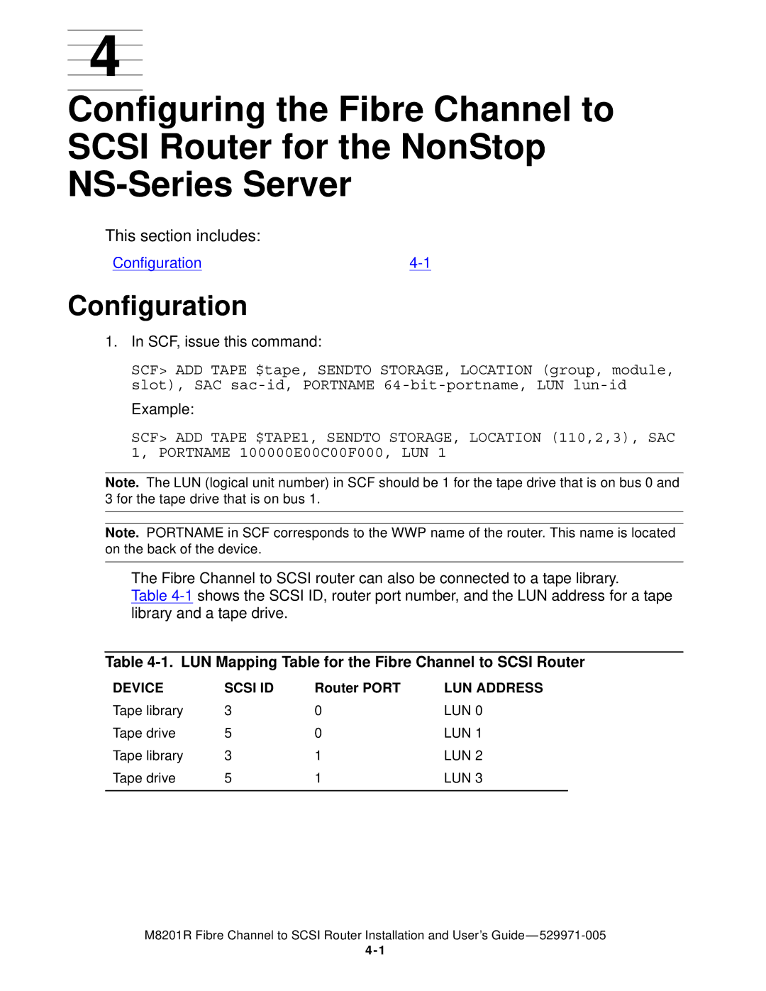 HP FIBRE CHANNEL TO SCSI Router M8201R manual Configuration, SCF, issue this command 