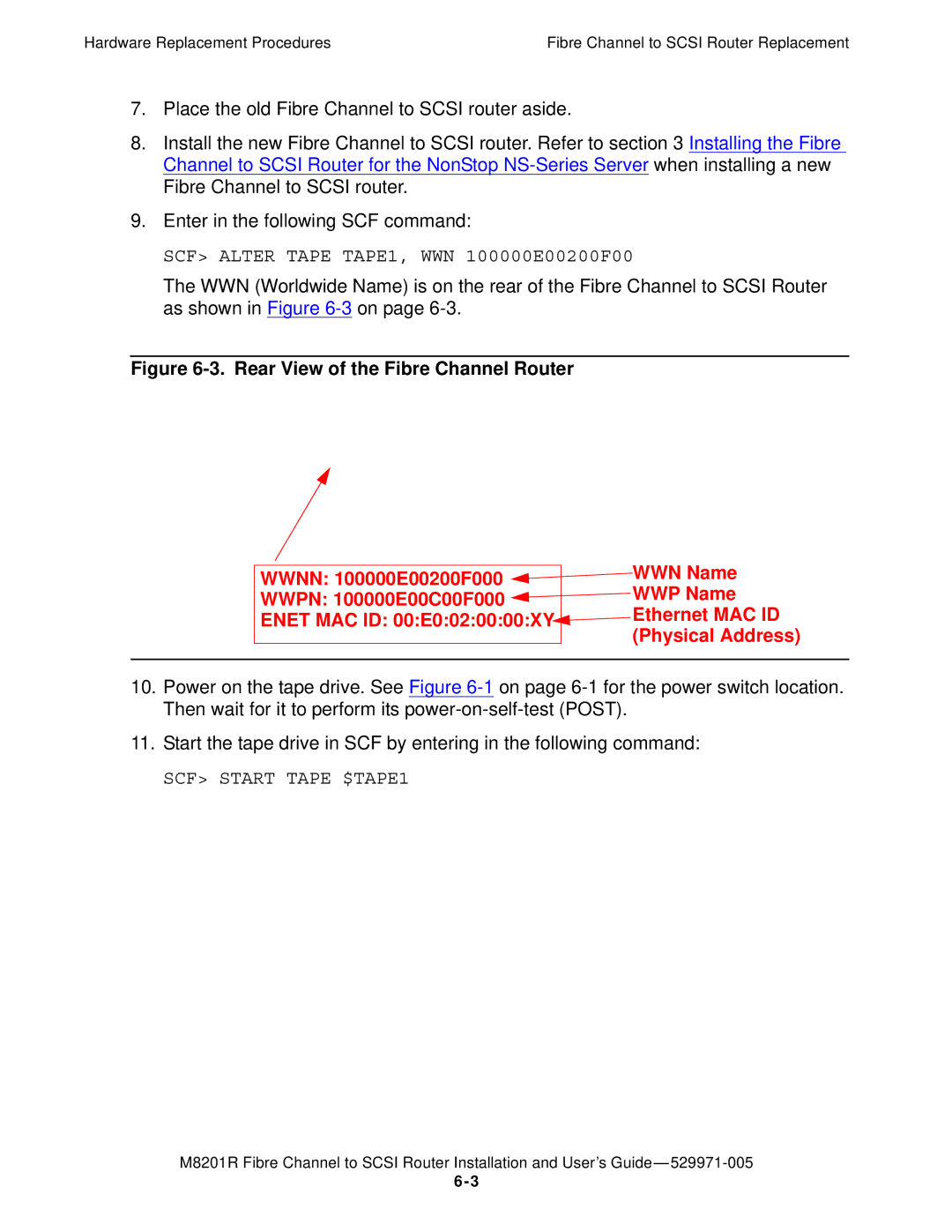 HP FIBRE CHANNEL TO SCSI Router M8201R manual SCF Alter Tape TAPE1, WWN 100000E00200F00 