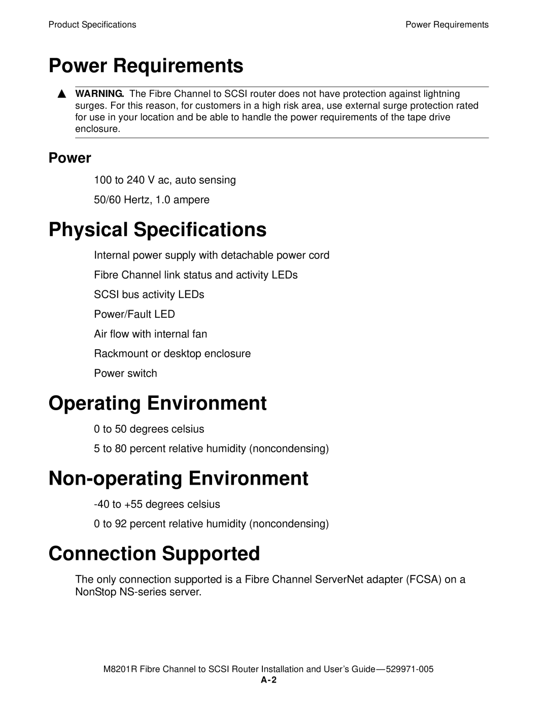 HP FIBRE CHANNEL TO SCSI Router M8201R manual Power Requirements, Physical Specifications, Operating Environment 