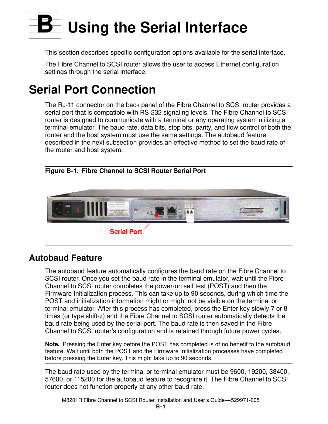 HP FIBRE CHANNEL TO SCSI Router M8201R manual Using the Serial Interface, Serial Port Connection, Autobaud Feature 