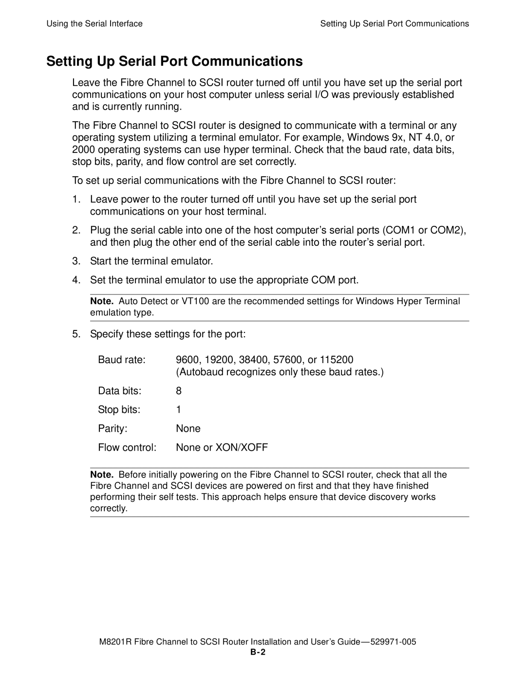 HP FIBRE CHANNEL TO SCSI Router M8201R manual Setting Up Serial Port Communications 