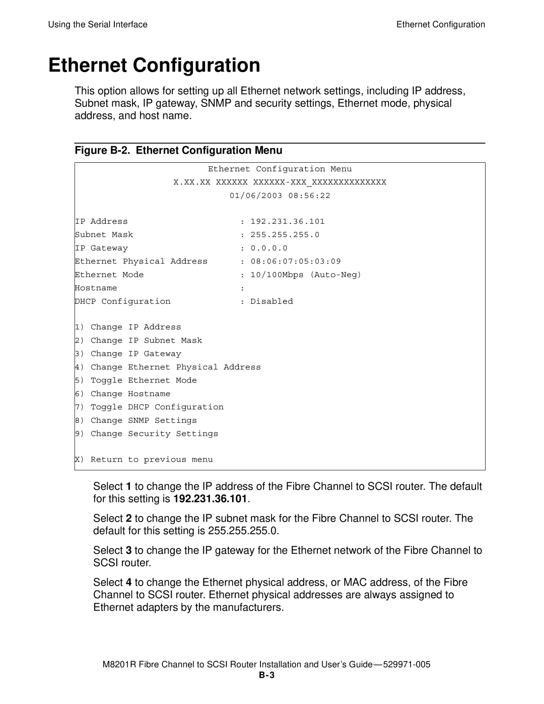 HP FIBRE CHANNEL TO SCSI Router M8201R manual Ethernet Configuration, XX.XX Xxxxxx 