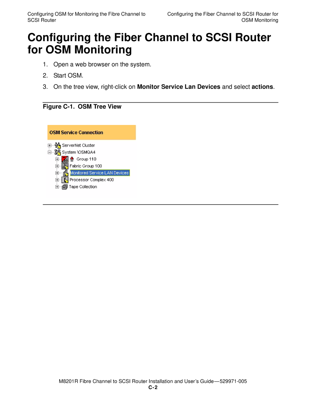 HP FIBRE CHANNEL TO SCSI Router M8201R manual Figure C-1. OSM Tree View 