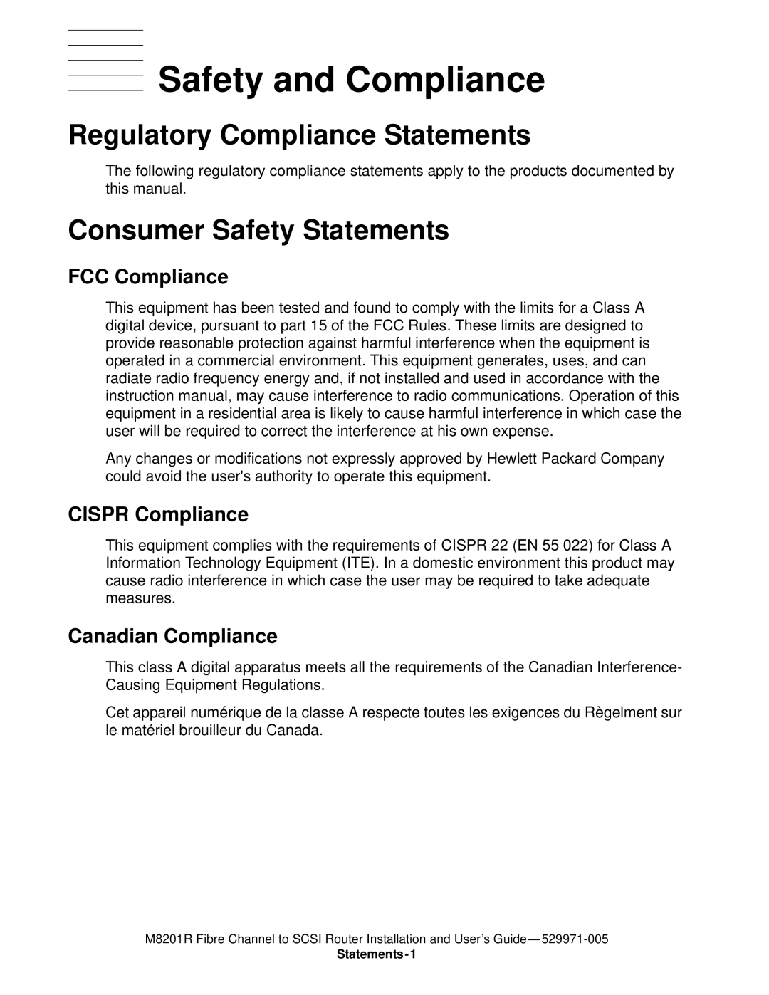 HP FIBRE CHANNEL TO SCSI Router M8201R Safety and Compliance, Regulatory Compliance Statements, Consumer Safety Statements 