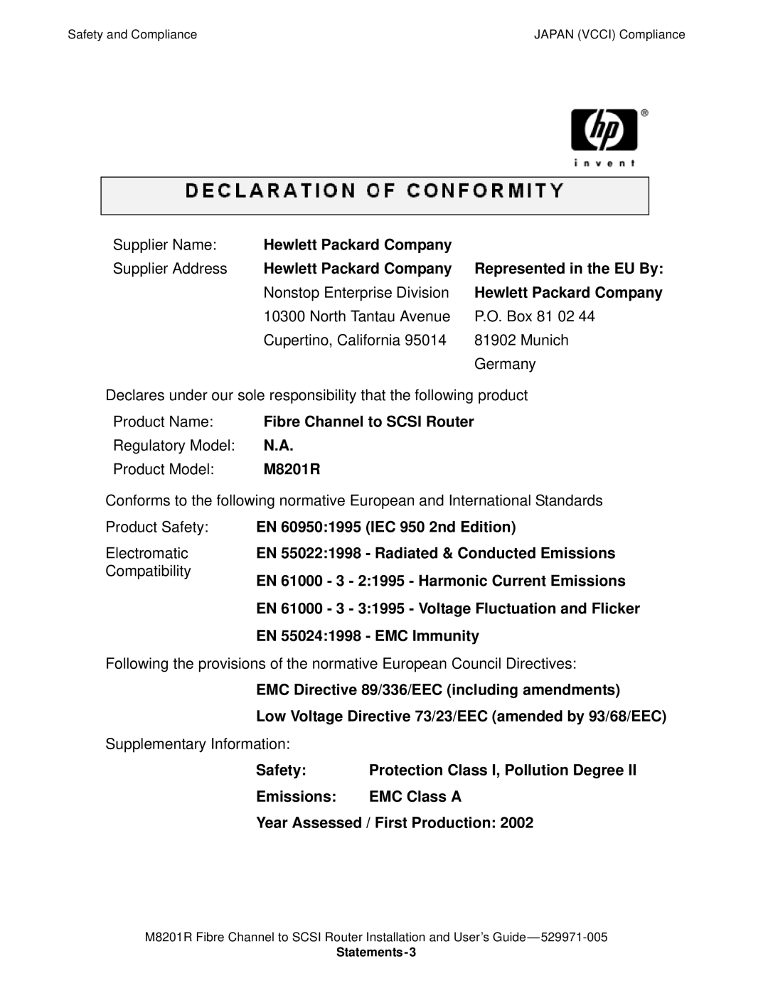 HP FIBRE CHANNEL TO SCSI Router M8201R manual Hewlett Packard Company 