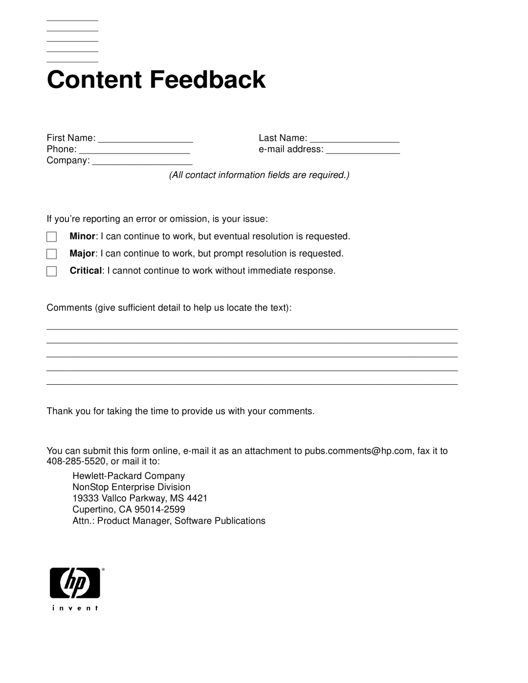 HP FIBRE CHANNEL TO SCSI Router M8201R manual Content Feedback, All contact information fields are required 