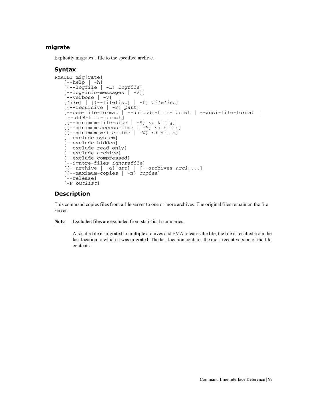 HP File Archiving Software manual Migrate, Syntax 
