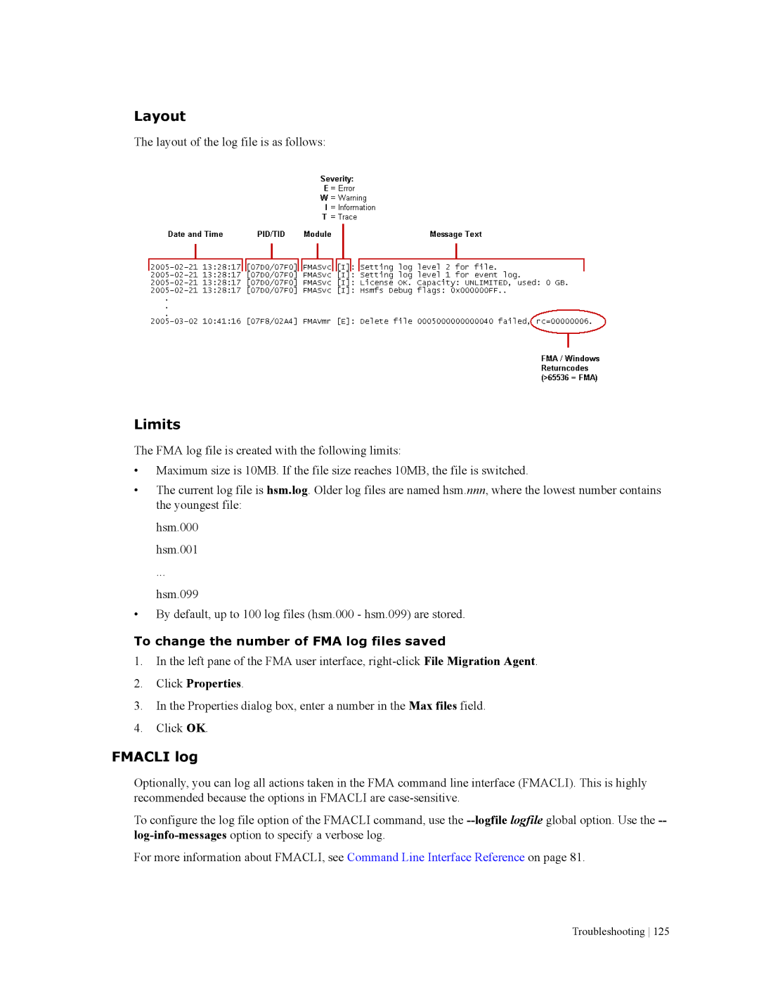 HP File Archiving Software manual Layout, Limits, Fmacli log, To change the number of FMA log files saved 