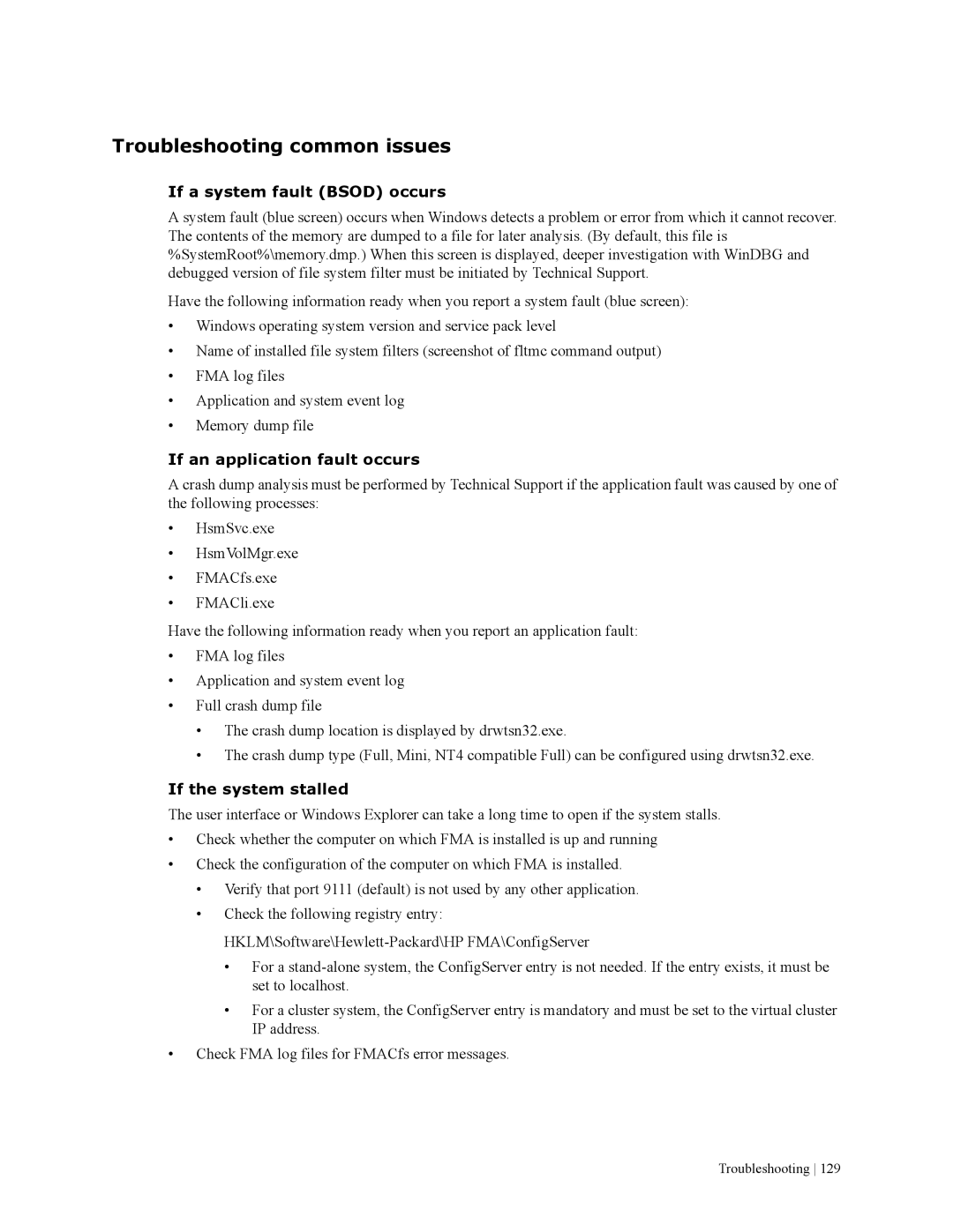 HP File Archiving Software Troubleshooting common issues, If a system fault Bsod occurs, If an application fault occurs 