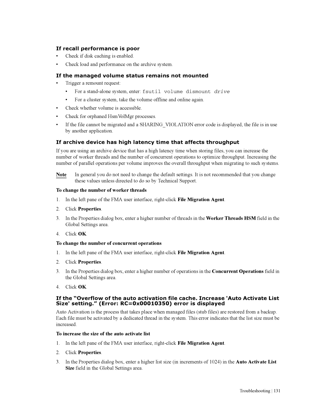 HP File Archiving Software manual If recall performance is poor, If the managed volume status remains not mounted 
