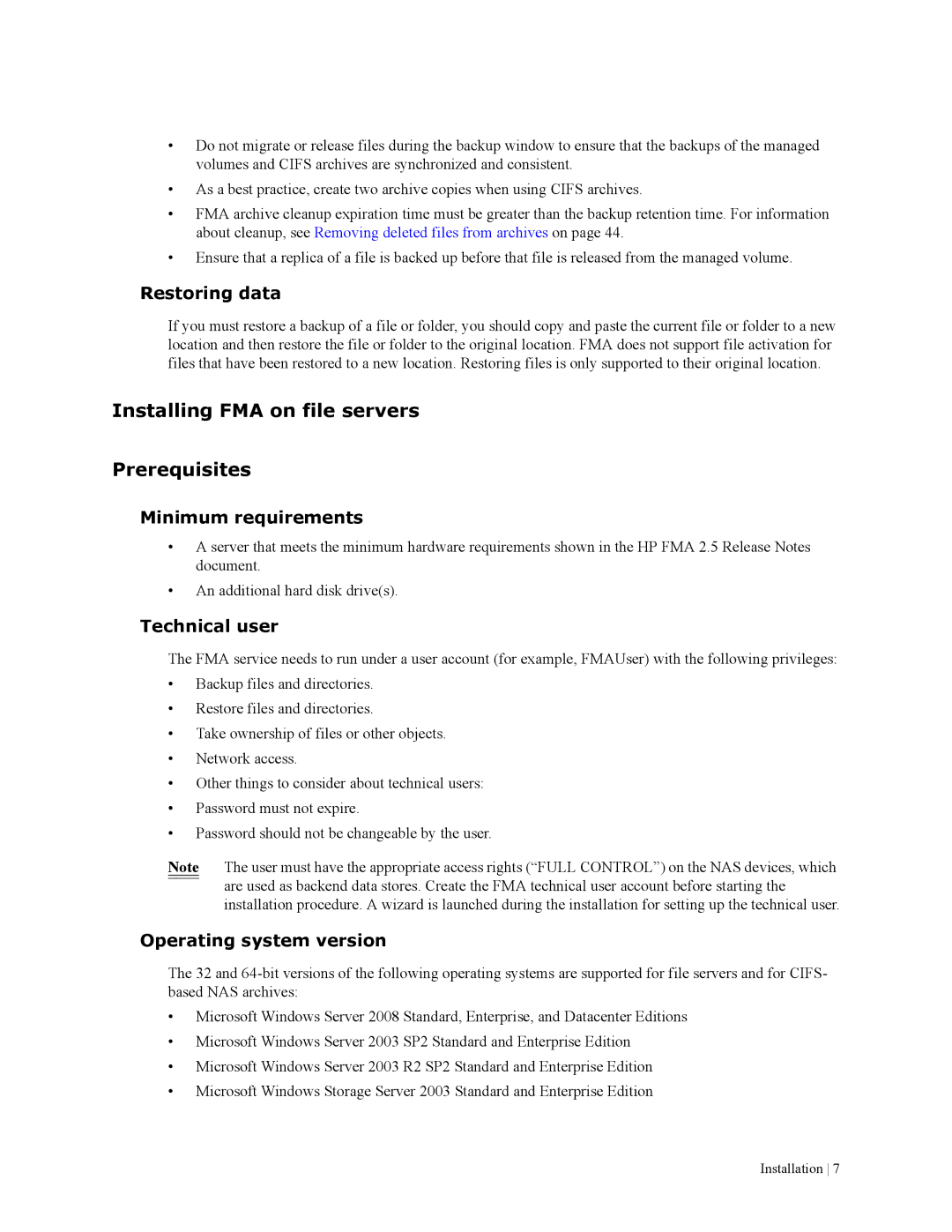 HP File Archiving Software manual Installing FMA on file servers Prerequisites, Restoring data, Minimum requirements 