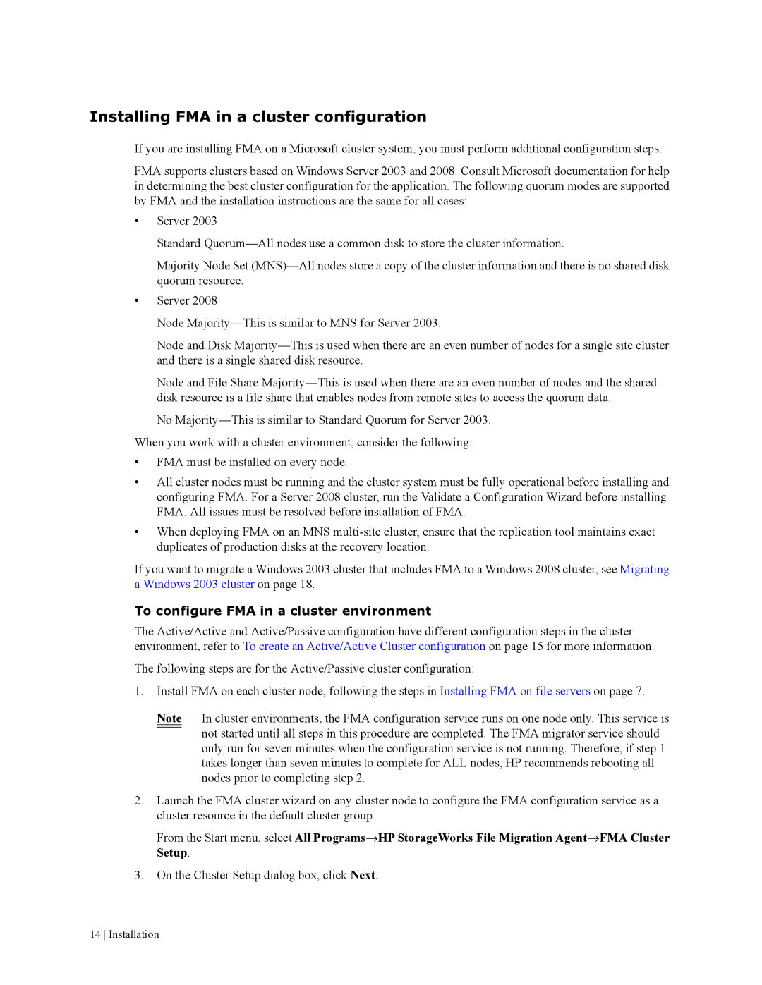 HP File Archiving Software manual Installing FMA in a cluster configuration, To configure FMA in a cluster environment 