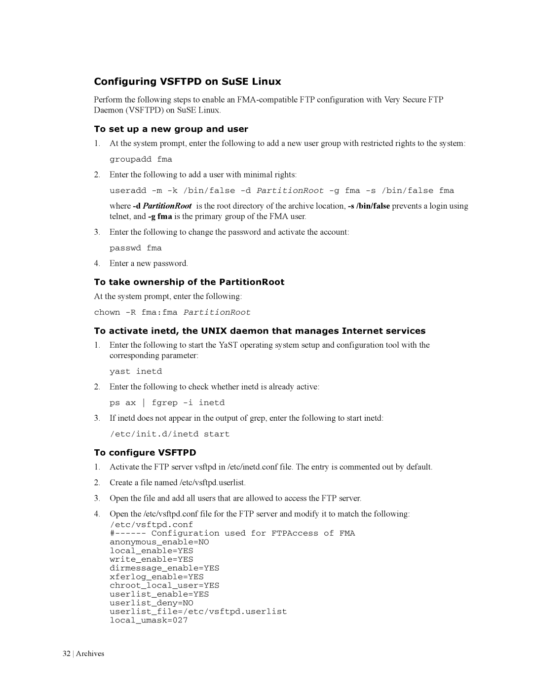 HP File Archiving Software manual Configuring Vsftpd on SuSE Linux, To set up a new group and user, To configure Vsftpd 