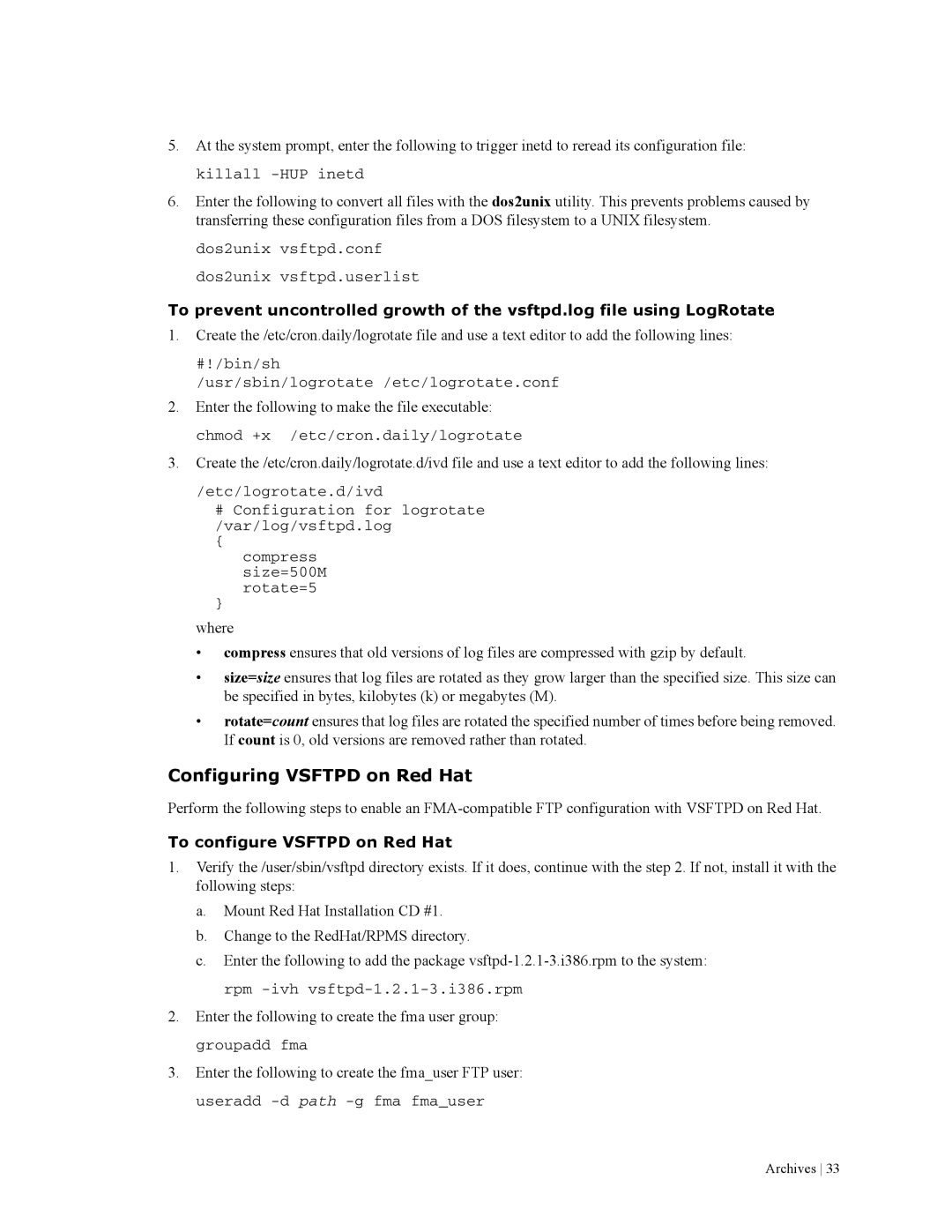 HP File Archiving Software manual Configuring Vsftpd on Red Hat, To configure Vsftpd on Red Hat 