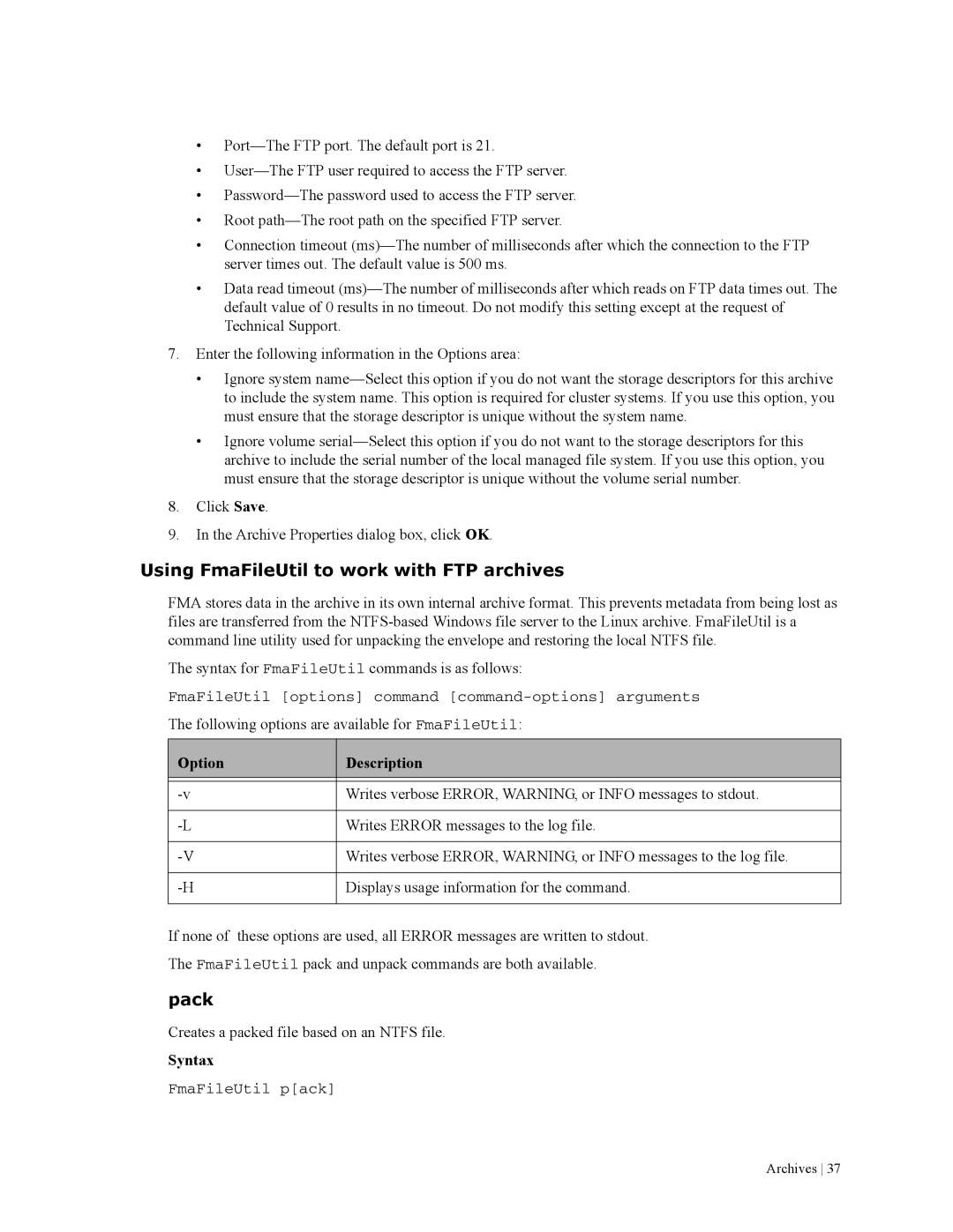 HP File Archiving Software manual Using FmaFileUtil to work with FTP archives, Pack, Option Description, Syntax 