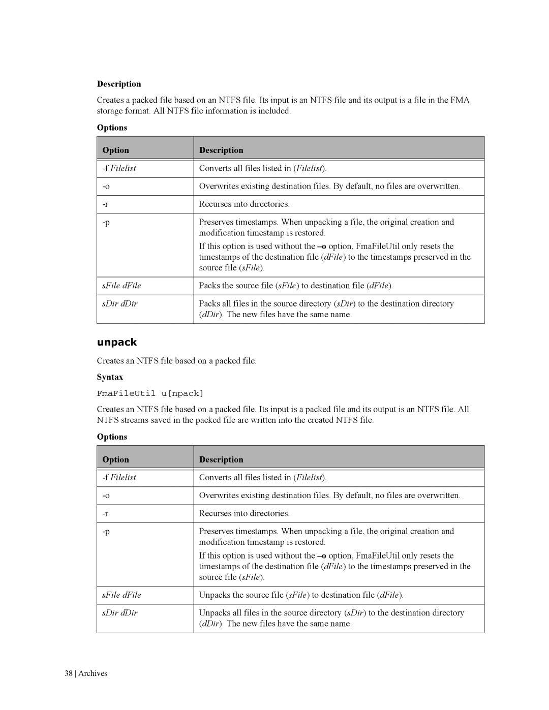 HP File Archiving Software manual Unpack, Options Description 