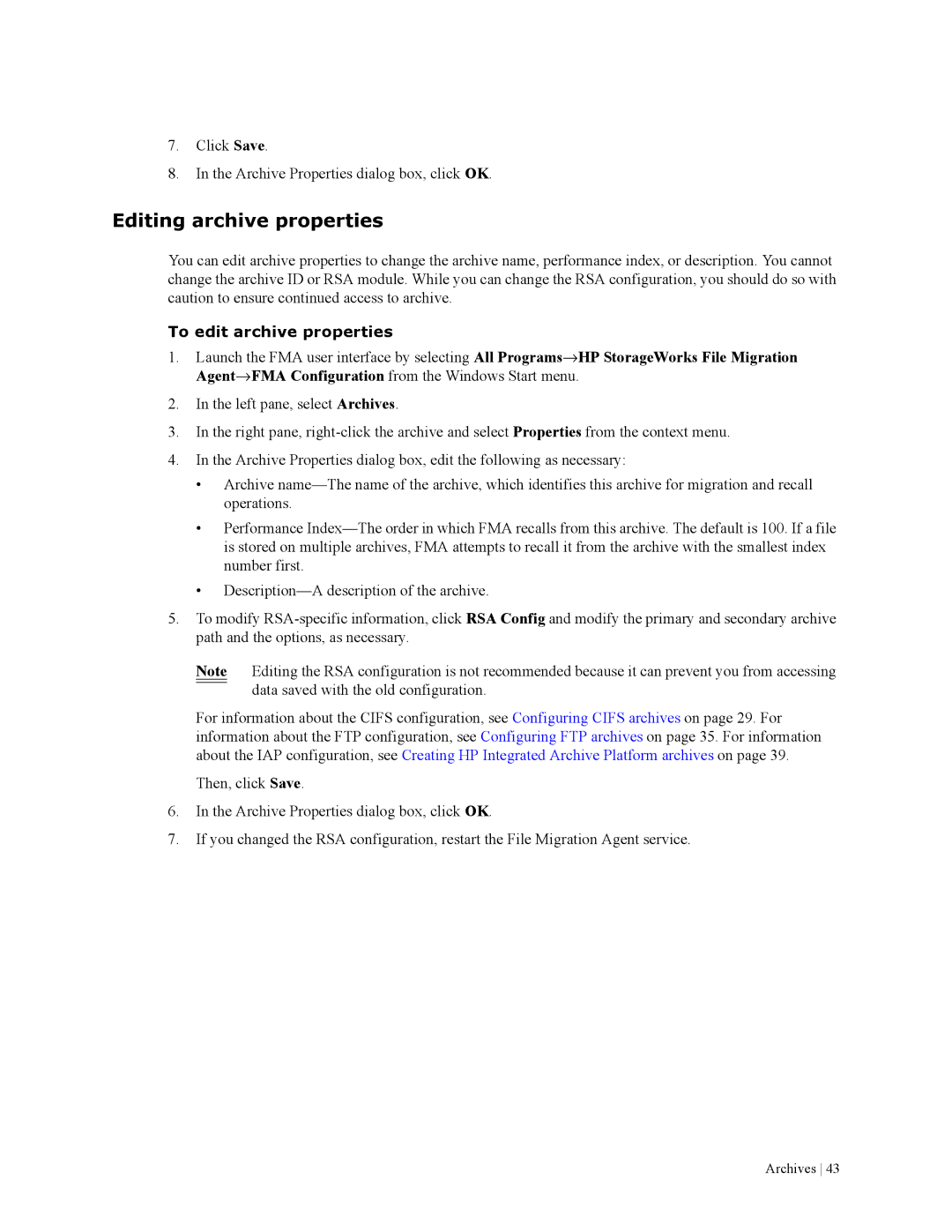 HP File Archiving Software manual Editing archive properties, To edit archive properties 