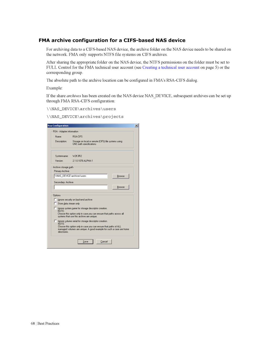 HP File Archiving Software manual FMA archive configuration for a CIFS-based NAS device 