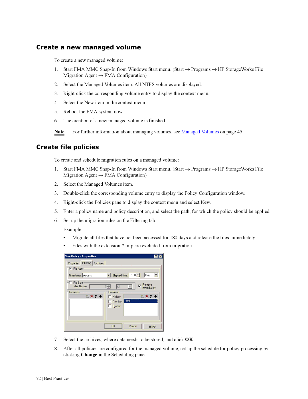 HP File Archiving Software manual Create a new managed volume, Create file policies 